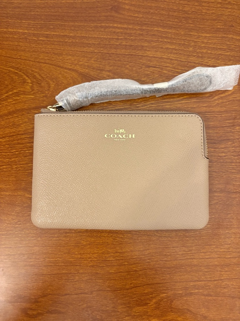Coach Taupe Wristlet with Gold Logo Zip